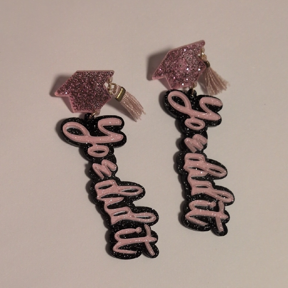 Glittery Pink and Black "You Did It" Graduation Dangle Earrings